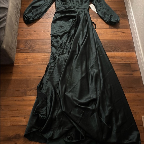 Dark Green Satin Corset Maxi Dress Puff Sleeve Lace-Up Back Formal Gown Size 4 - Picture 3 of 8